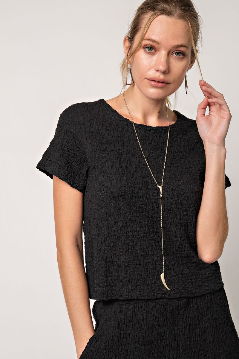 Easel Plus Crew Neck Relaxed Textured Woven Tops