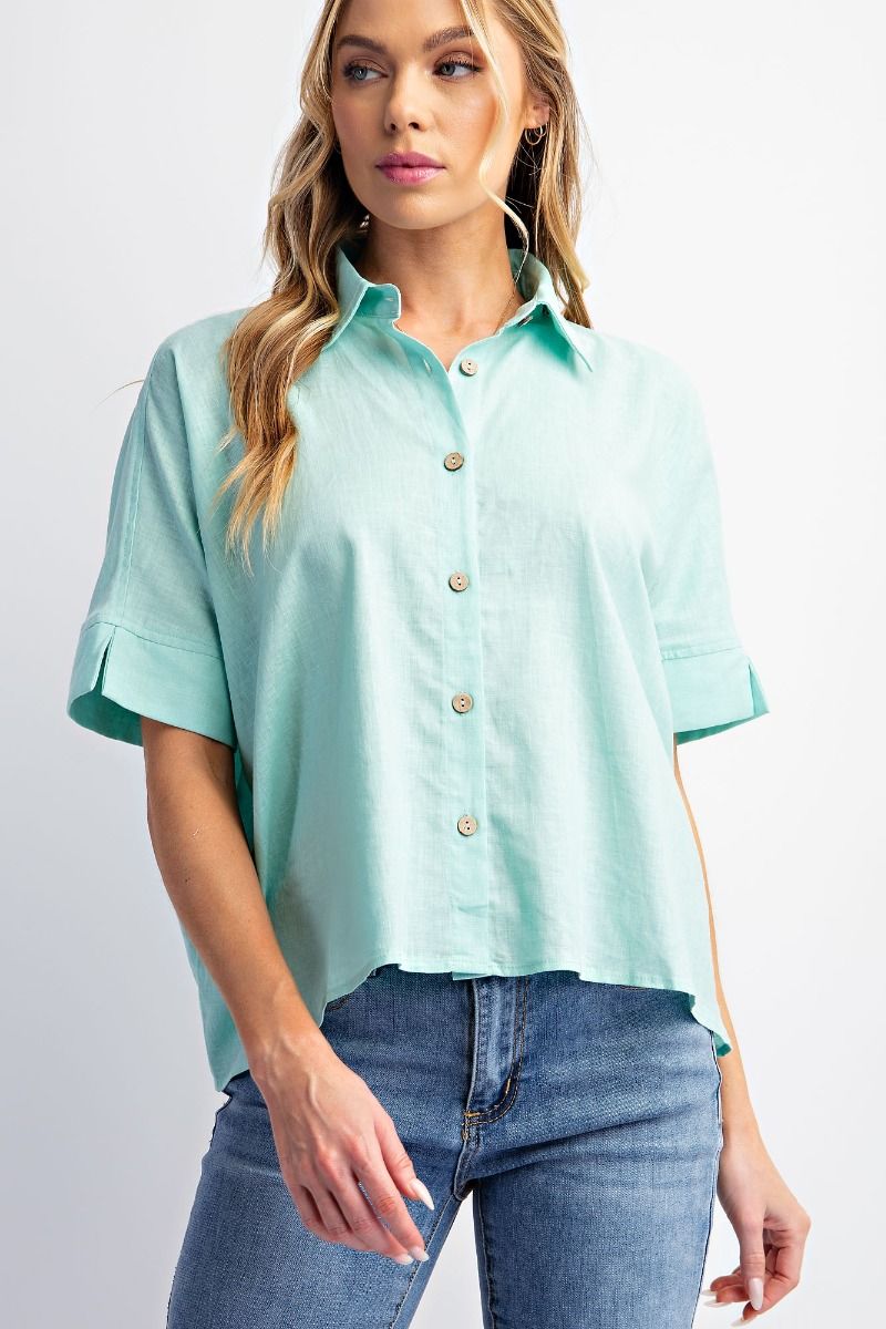 Easel Plus Collared Poly Linen Button Down Shirt Tops