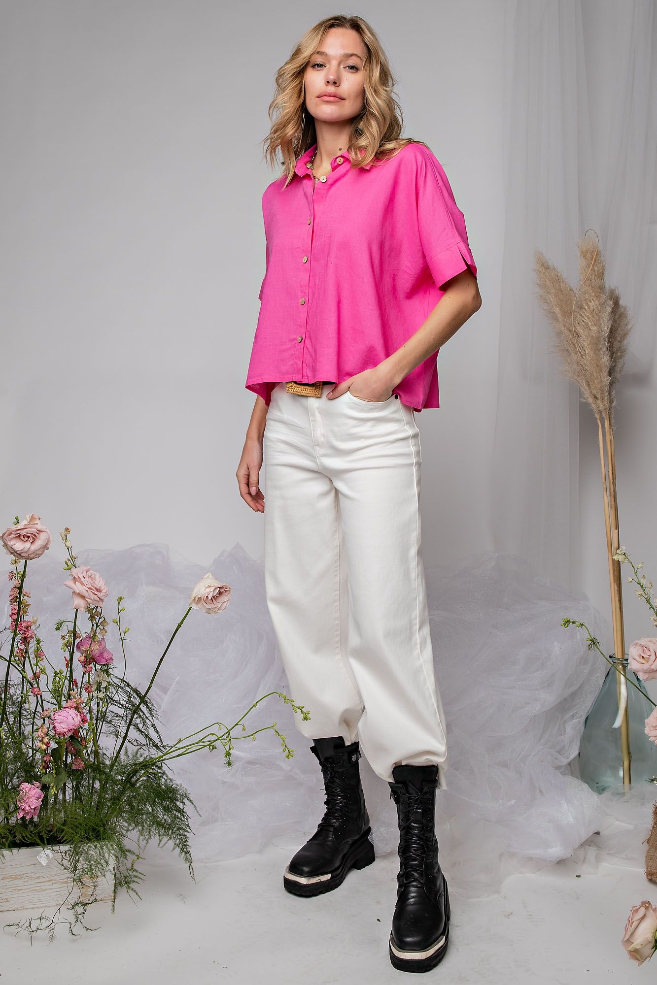 Easel Plus Collared Poly Linen Button Down Shirt Tops