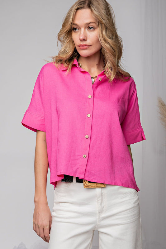 Easel Plus Collared Poly Linen Button Down Shirt Tops