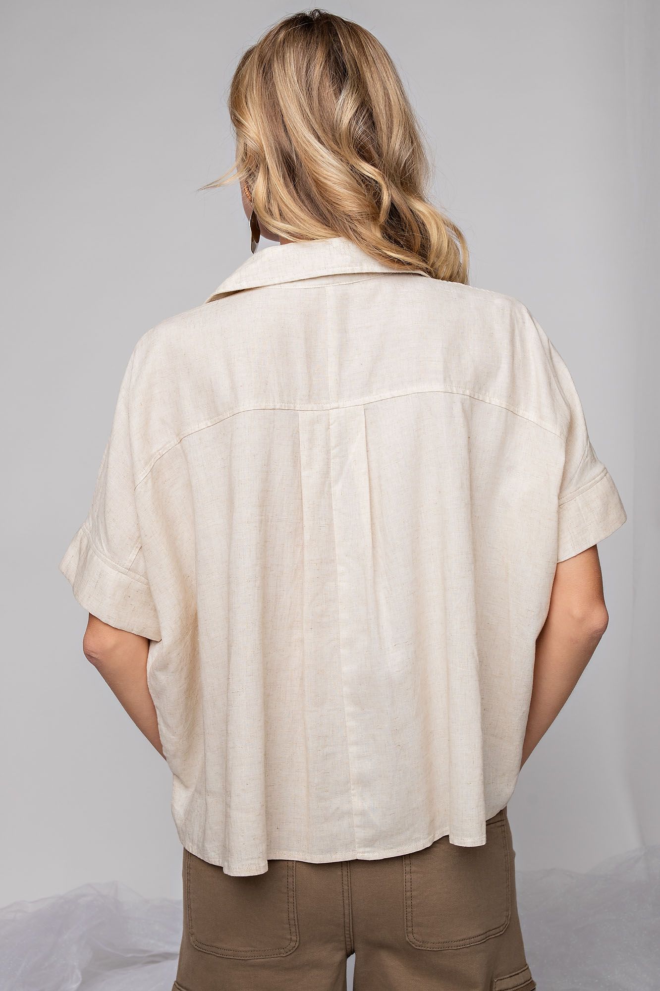 Easel Plus Collared Poly Linen Button Down Shirt Tops