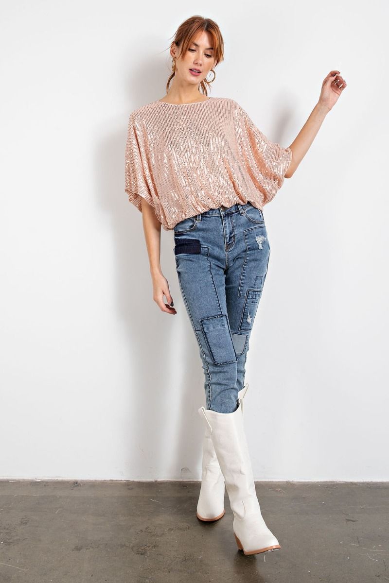 Easel Plus Bubble Hem Dolman Sleeves Sequin Christmas Holiday Tops