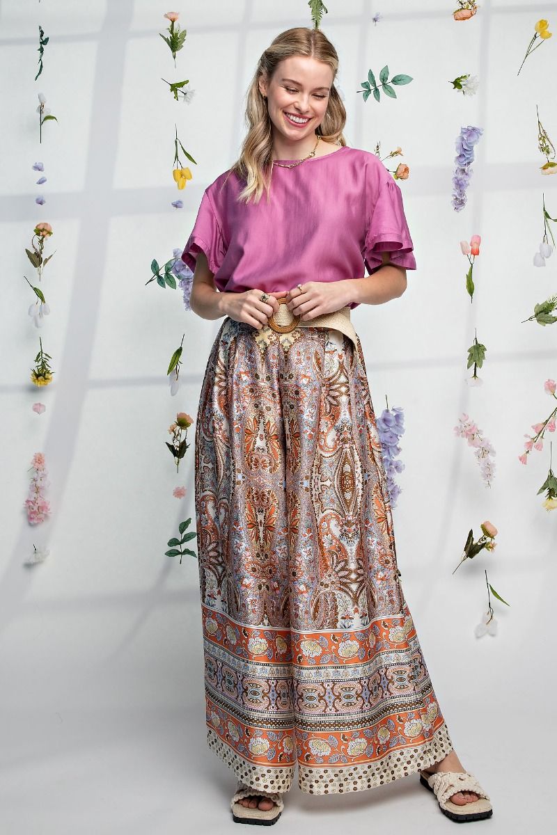 Easel Plus Silky Ruffle Short Sleeve Loose Fit Blouse Tops