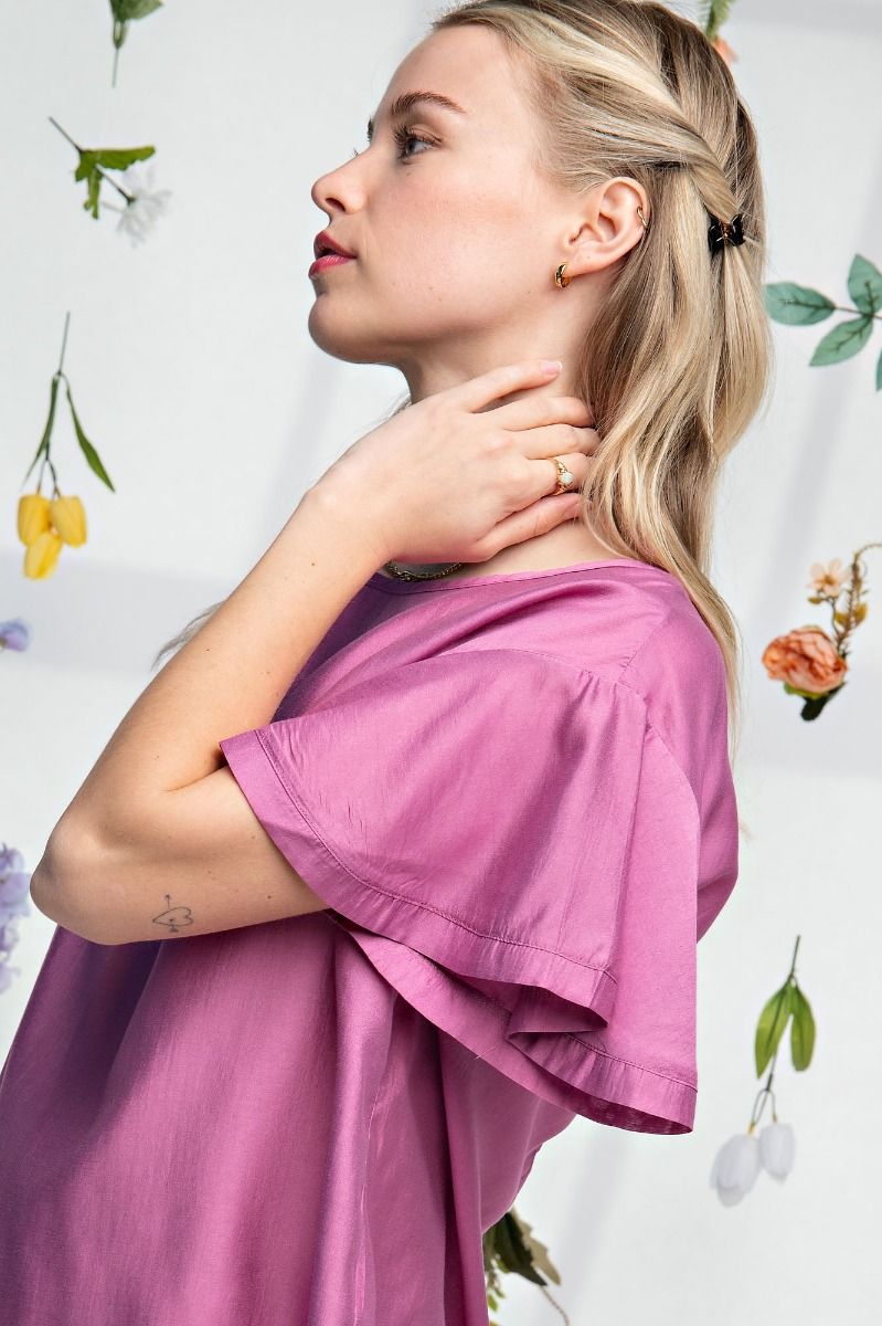 Easel Plus Silky Ruffle Short Sleeve Loose Fit Blouse Tops