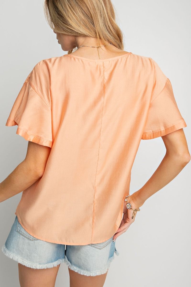 Easel Plus Silky Ruffle Short Sleeve Loose Fit Blouse Tops