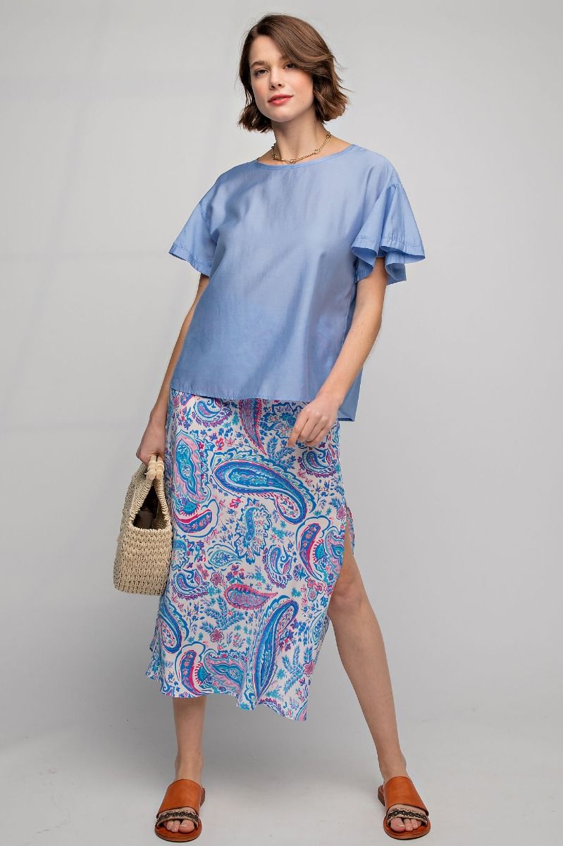 Easel Plus Silky Ruffle Short Sleeve Loose Fit Blouse Tops