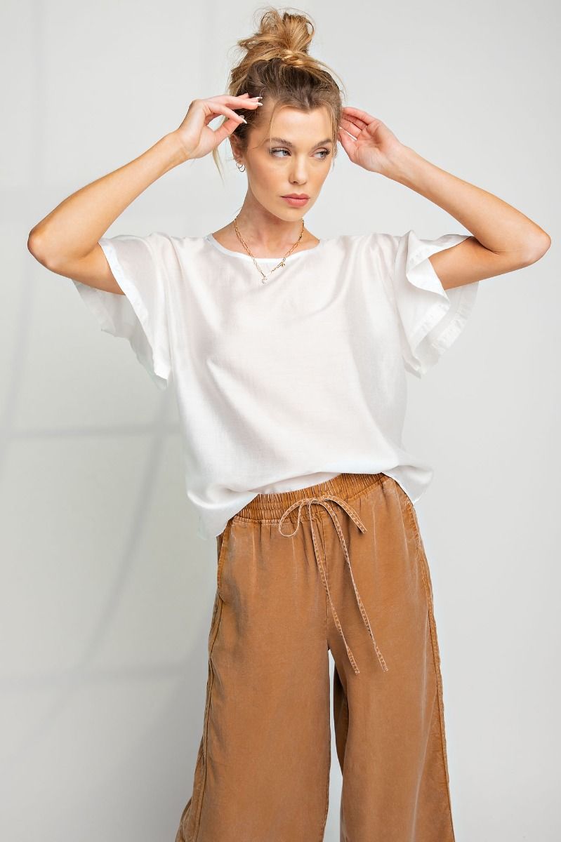 Easel Plus Silky Ruffle Short Sleeve Loose Fit Blouse Tops