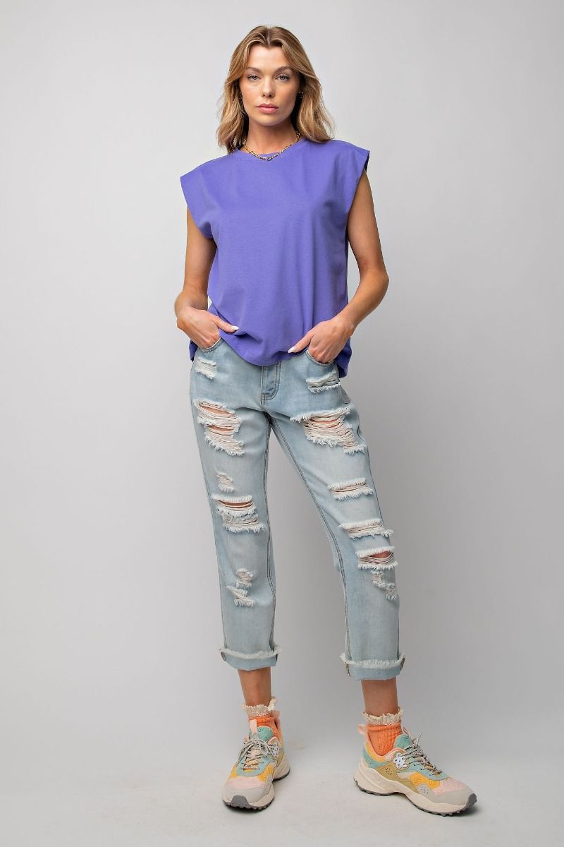 Easel Plus Brushed Cotton Cap Sleeves Knit Tops