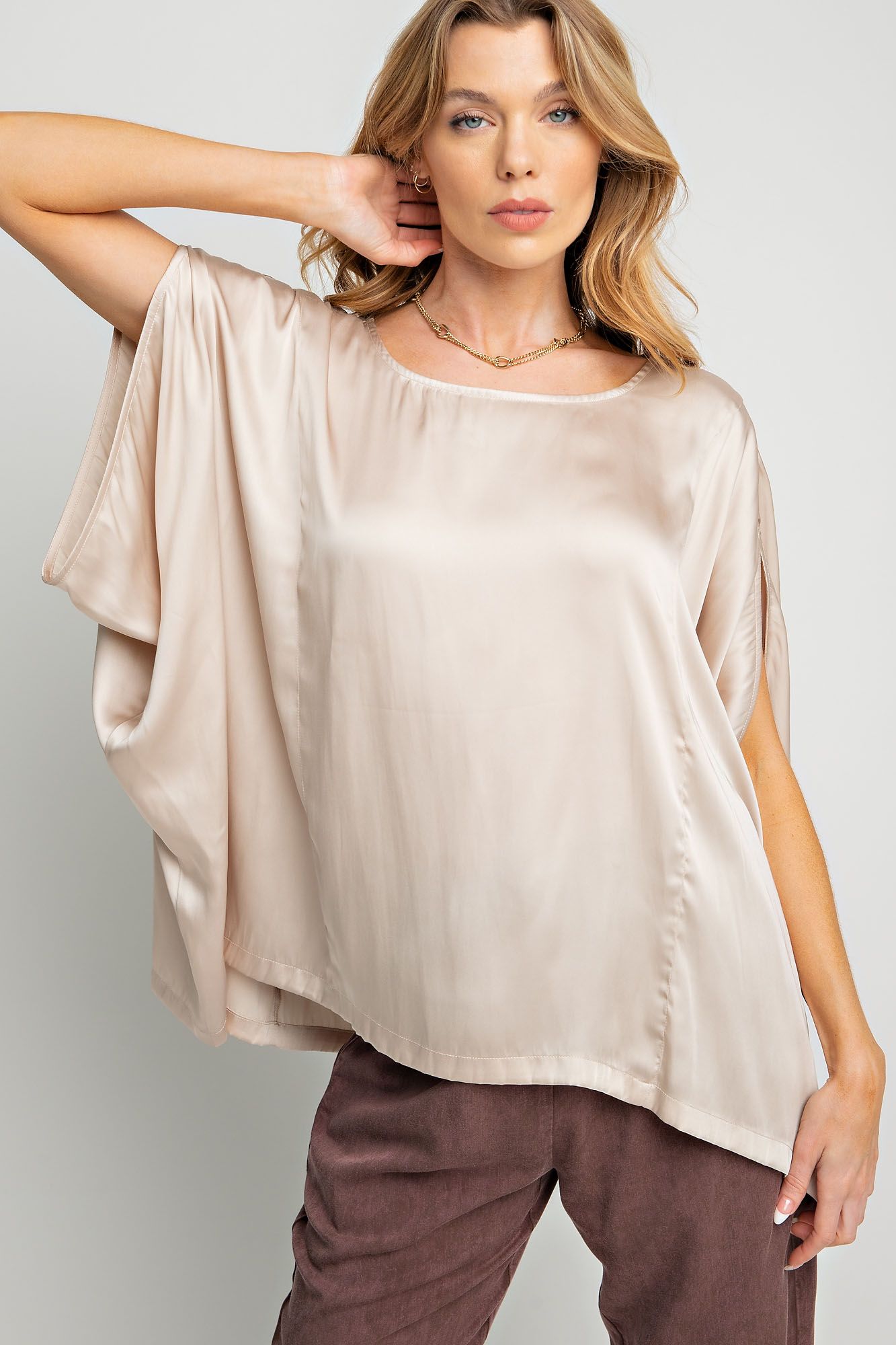 Easel Plus Silky Silky Satin Dolman Sleeve Loose Fit Tops