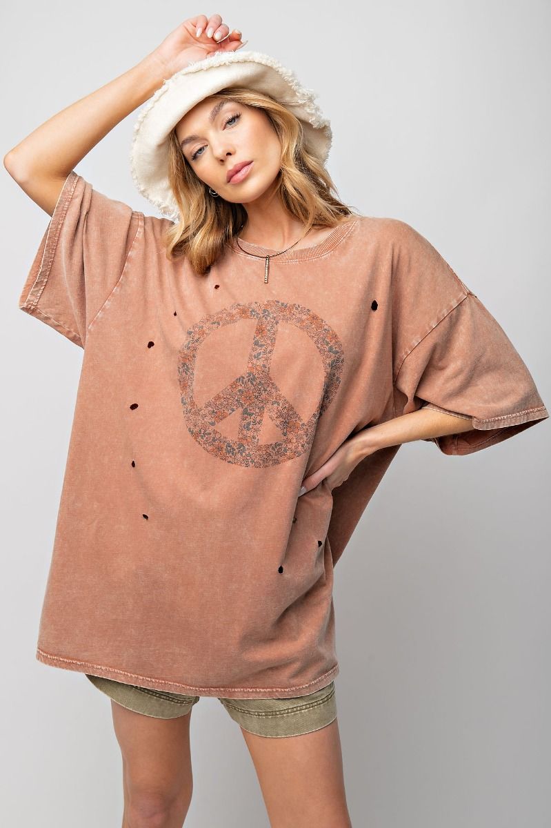 Easel Plus Peace Sign Printed Washed Tee Tops