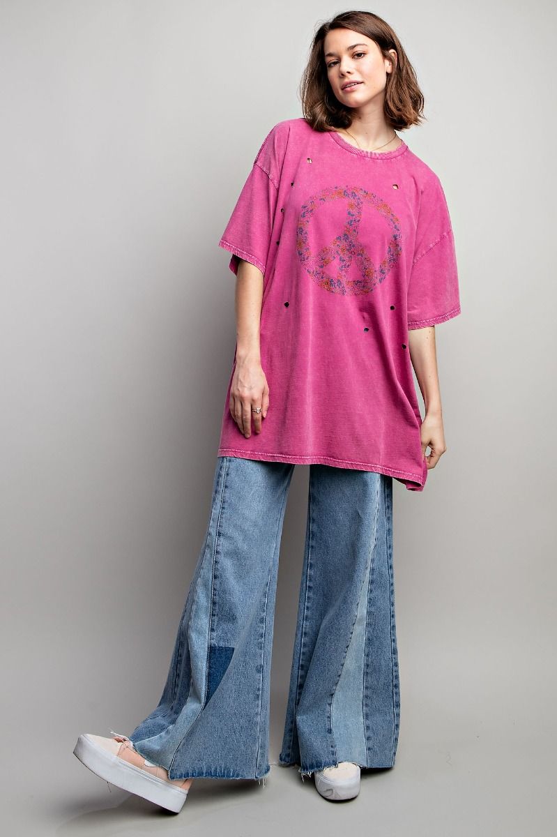 Easel Plus Peace Sign Printed Washed Tee Tops