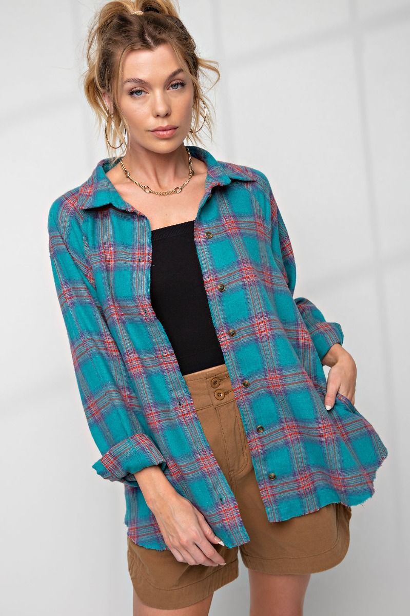 Easel Plus Plaid Button Down Collared Neck Shirt Tops