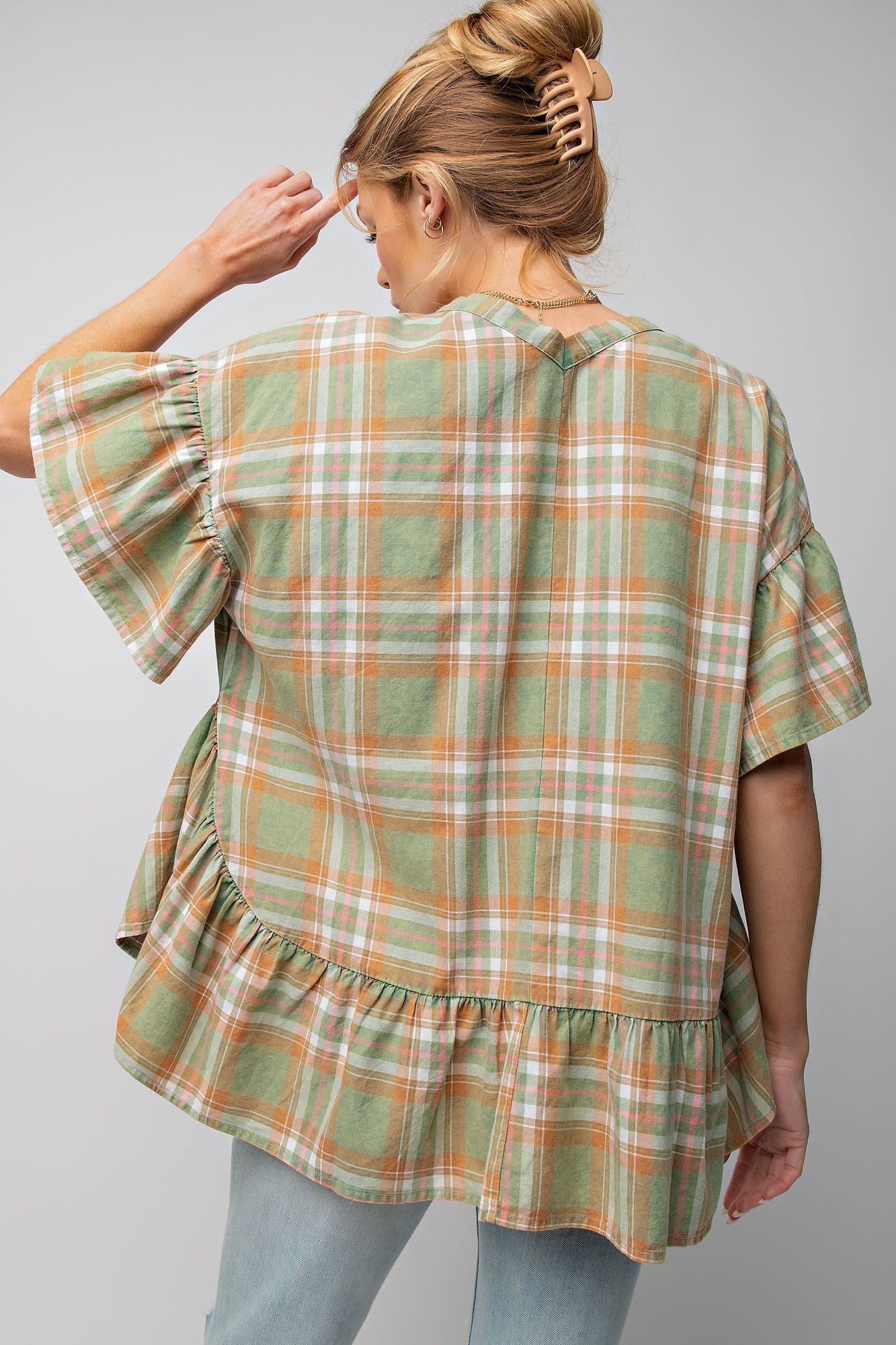 Easel Plus Plaid Button Down Ruched Half Ruffle Sleeves Tops