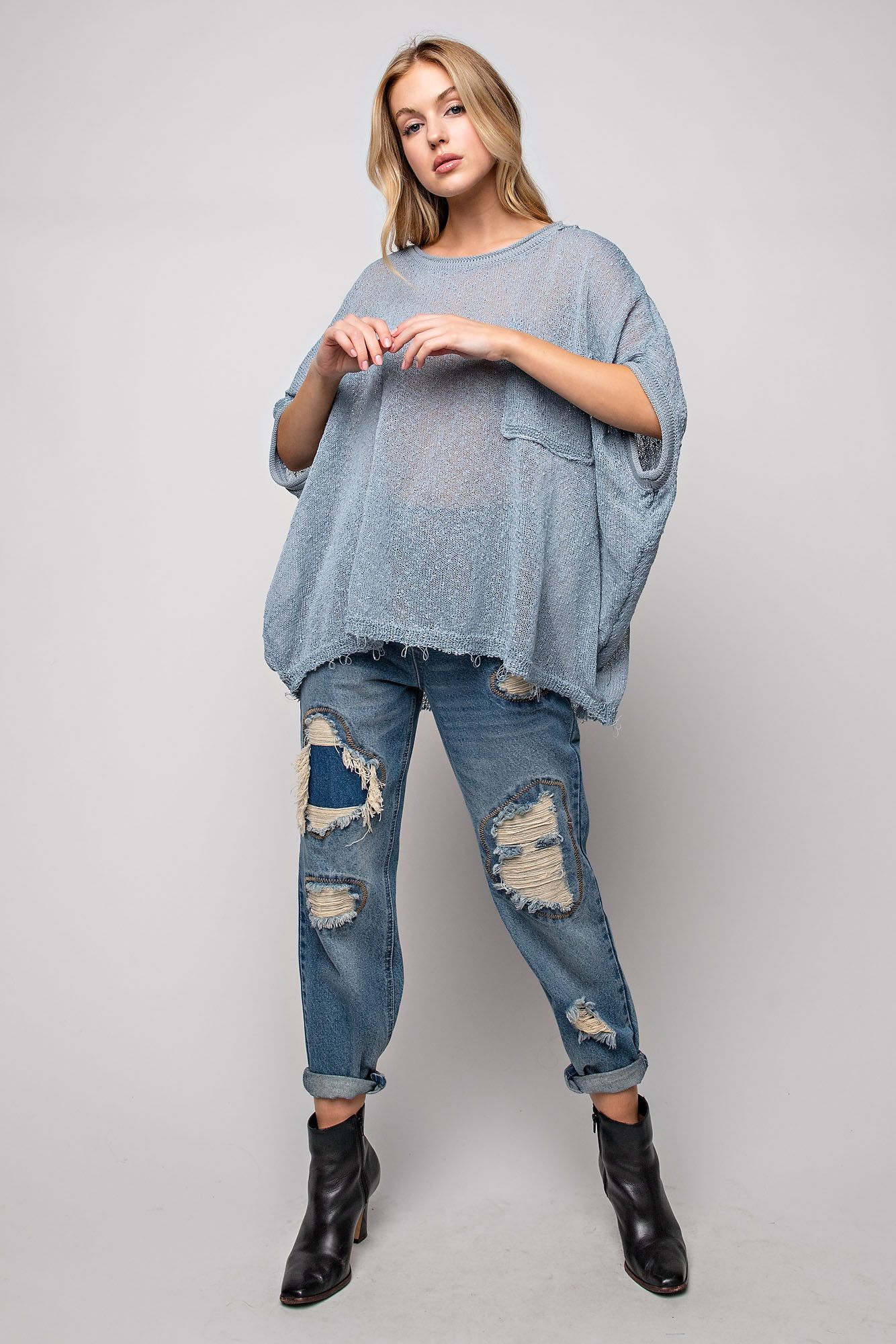 Easel Plus Lightweight Dolman Sleeves Chest Pockets Thin Sweater Tops