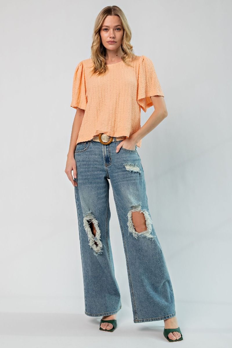 Easel Plus Textured Bell Short Sleeves Pleated Knit Tops