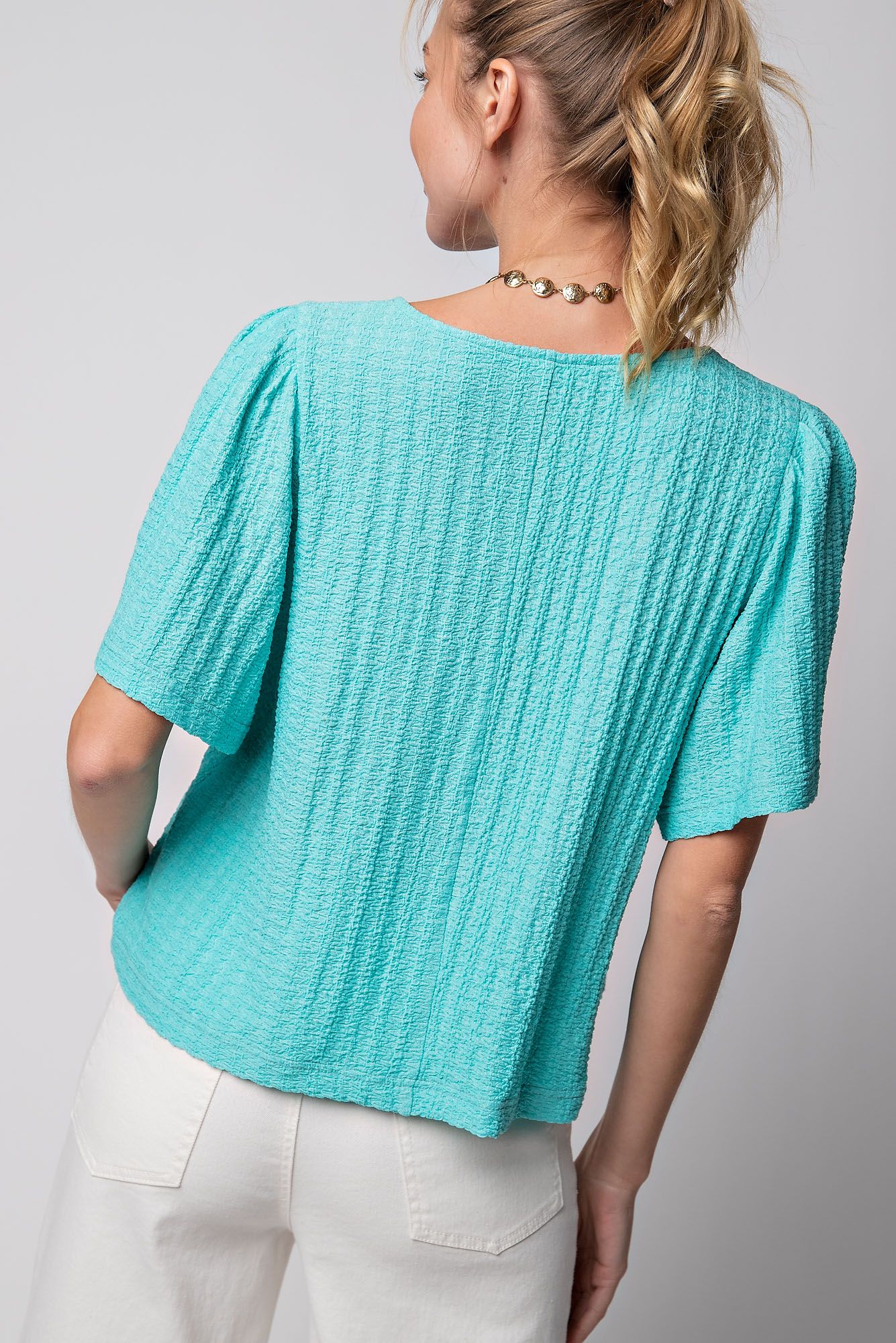 Easel Plus Textured Bell Short Sleeves Pleated Knit Tops