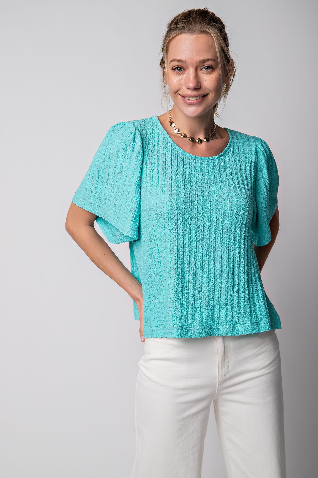 Easel Plus Textured Bell Short Sleeves Pleated Knit Tops