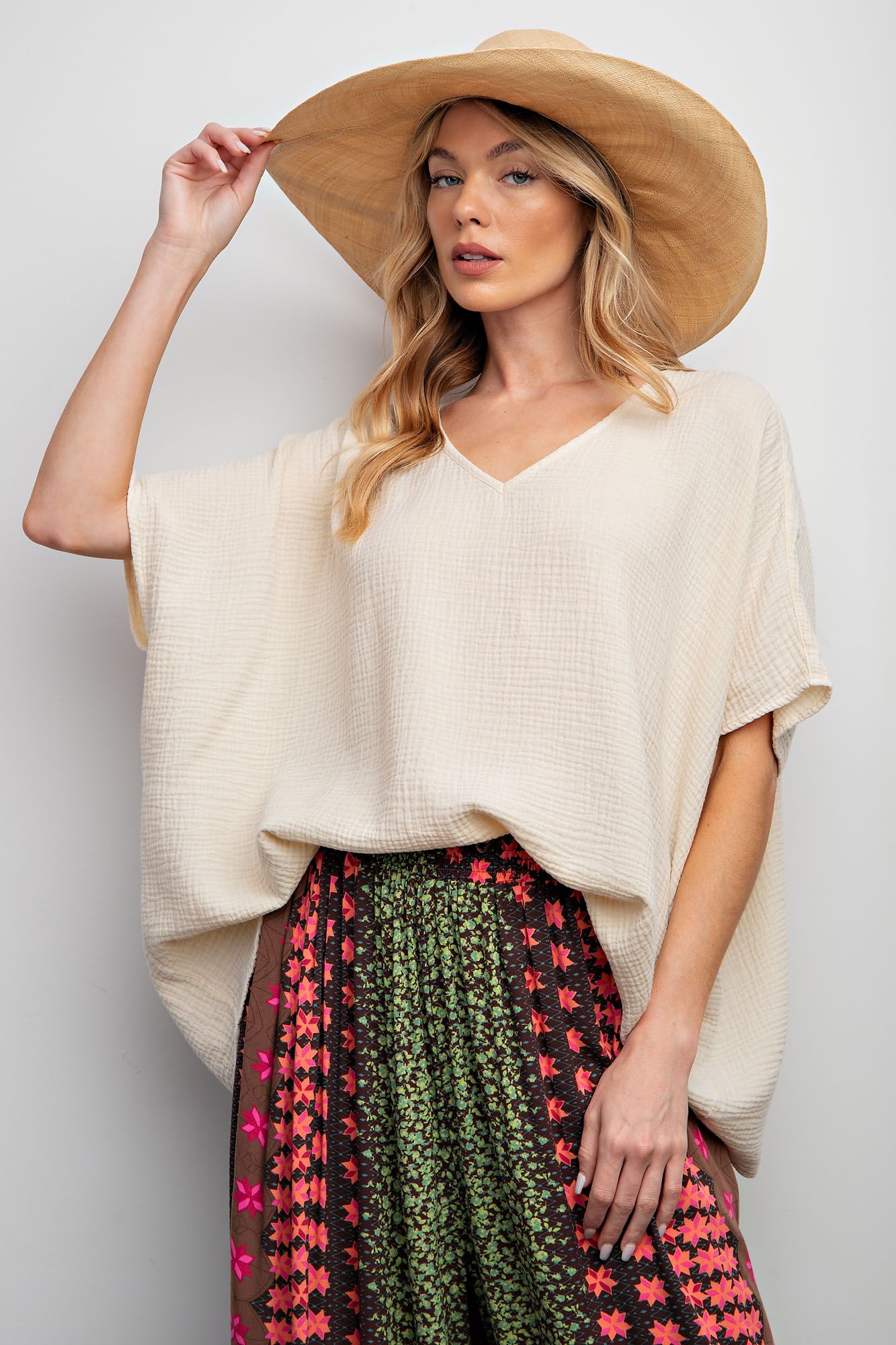 Easel Plus Mineral Washed Cotton Gauze Loose Fit Tops