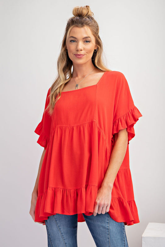 Easel Plus Poly Linen Ruffle Bottom Loose Fit Tunic Tops