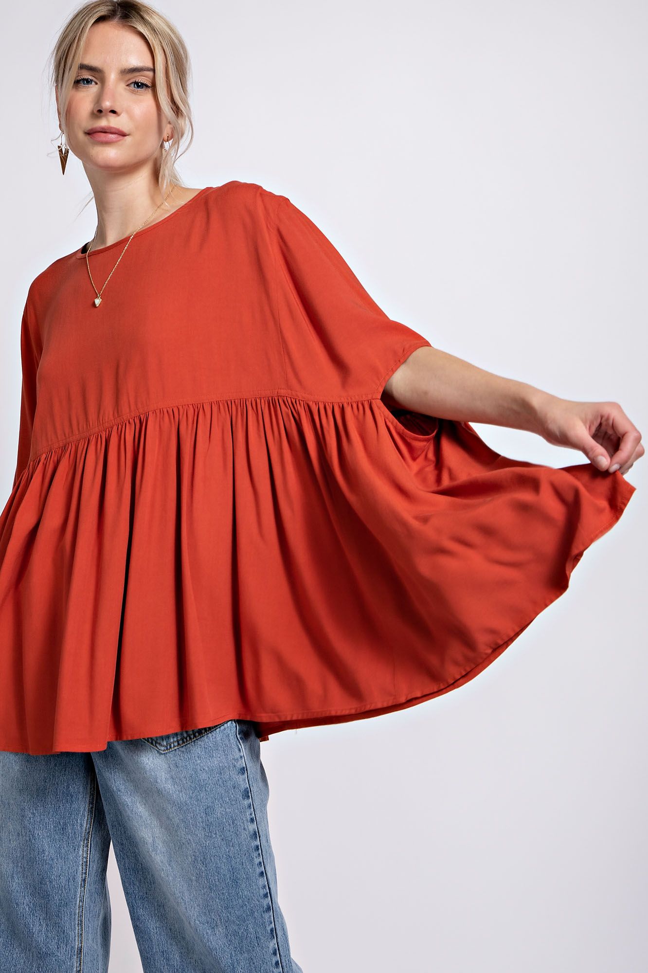 Easel Plus Batwing Challis Oversized Ruffled Bottom Tunic Tops