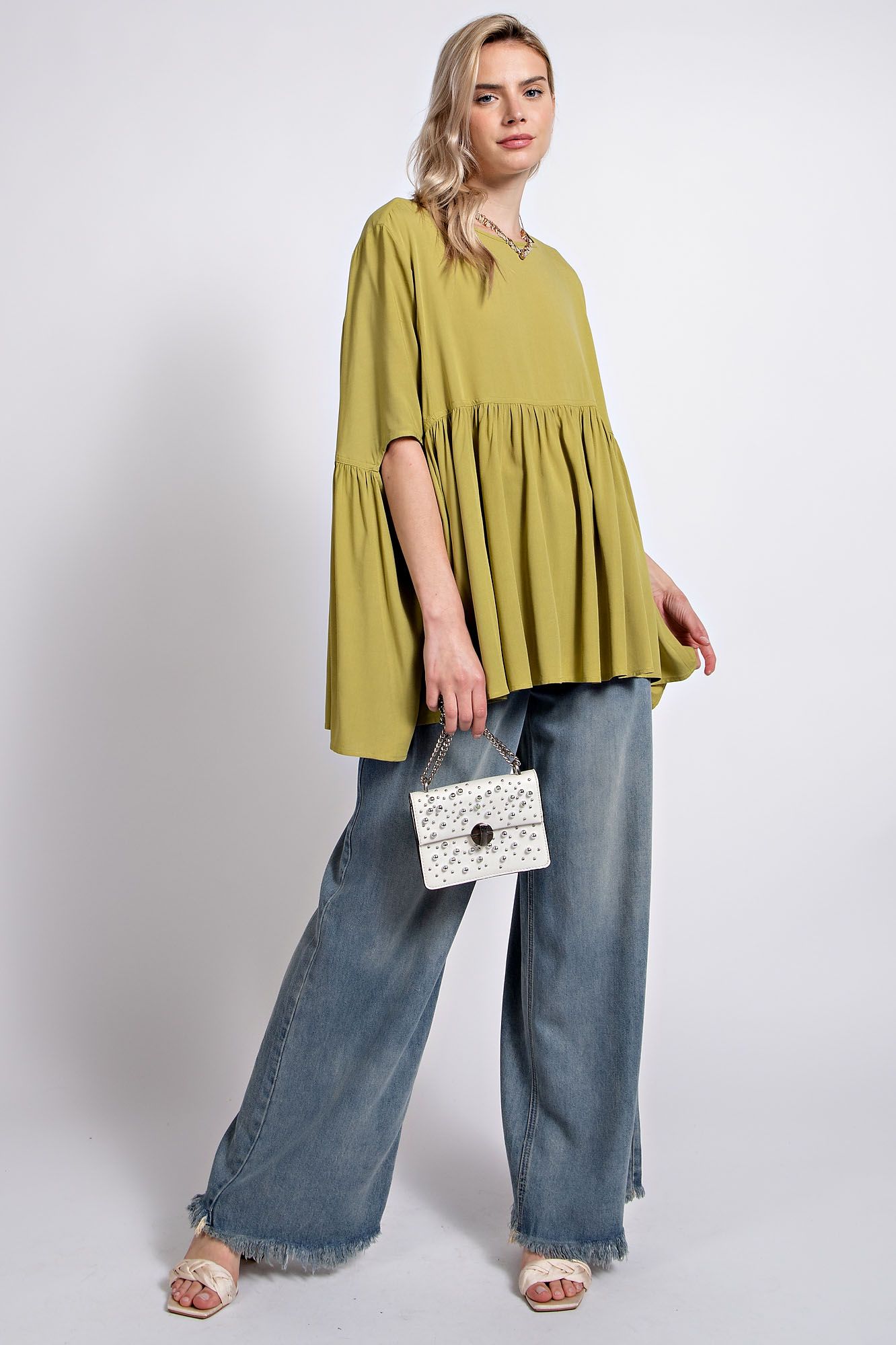 Easel Plus Batwing Challis Oversized Ruffled Bottom Tunic Tops