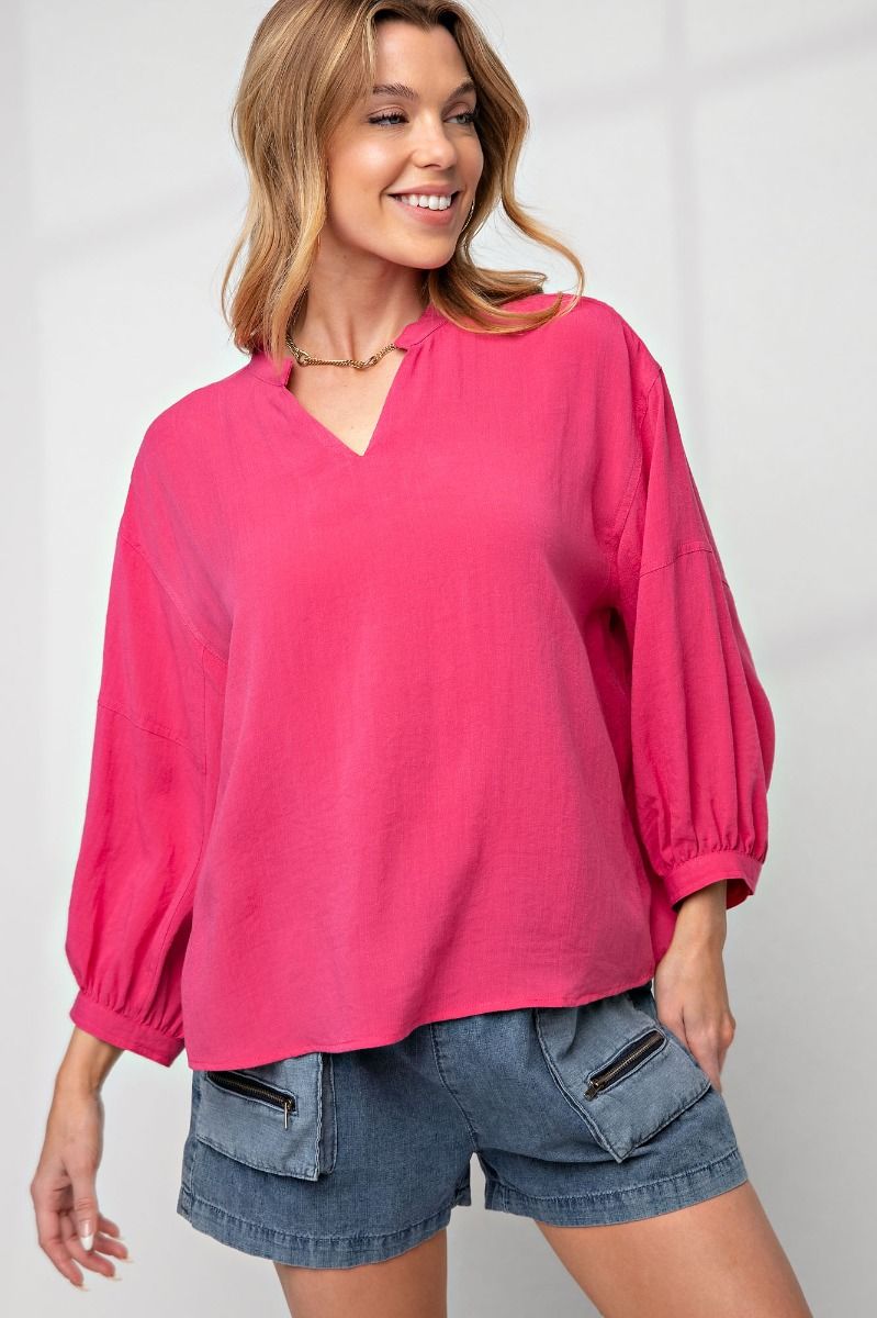 Easel Plus Linen Notched Neck Loose Fit Oversized Tops