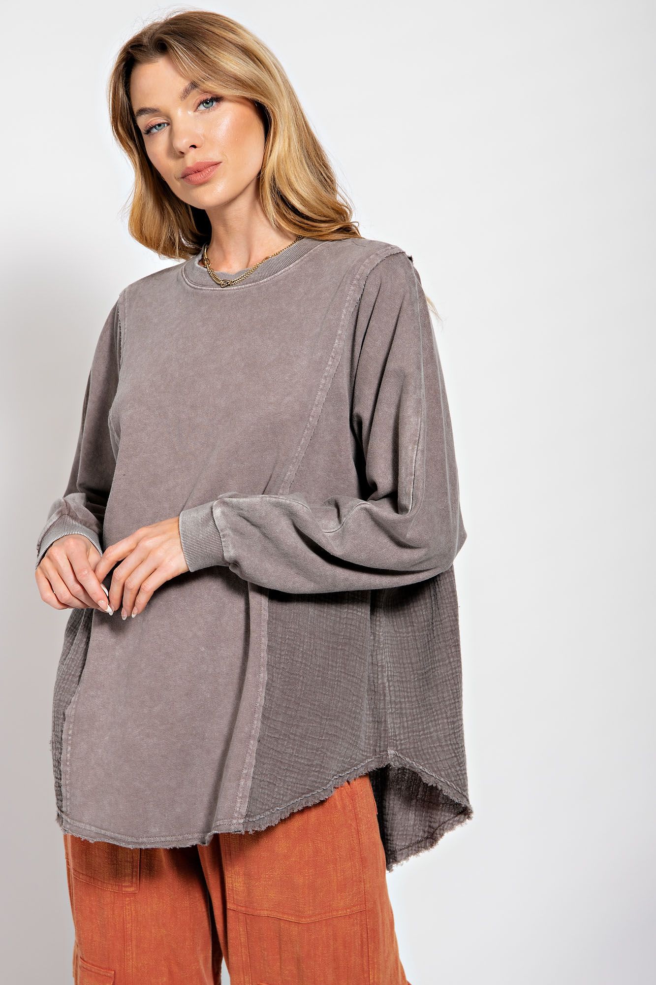 Easel Plus Washed Terry Crew Neck Pullover Boxy Tunic Tops