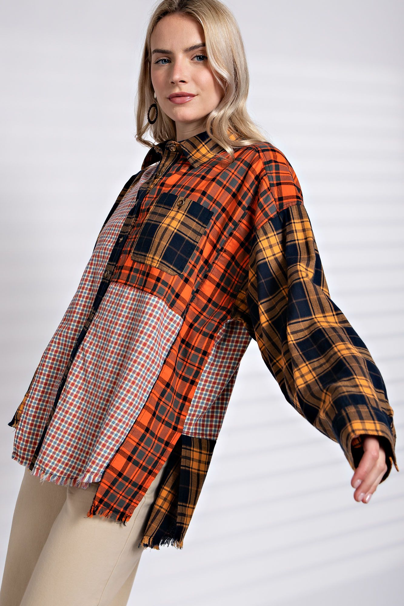 Easel Plus Mix N Match Plaid Print Button Down Shirt Tops