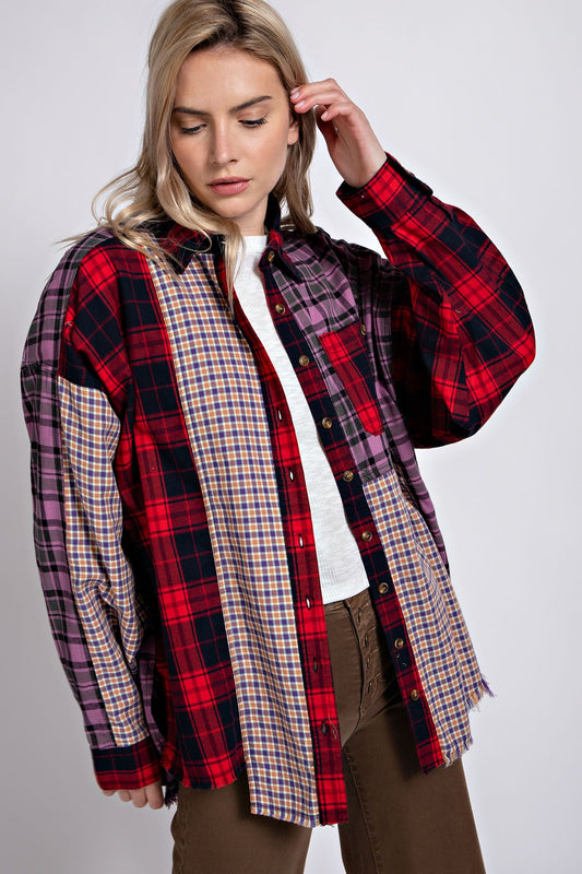 Easel Plus Mix N Match Plaid Print Button Down Shirt Tops