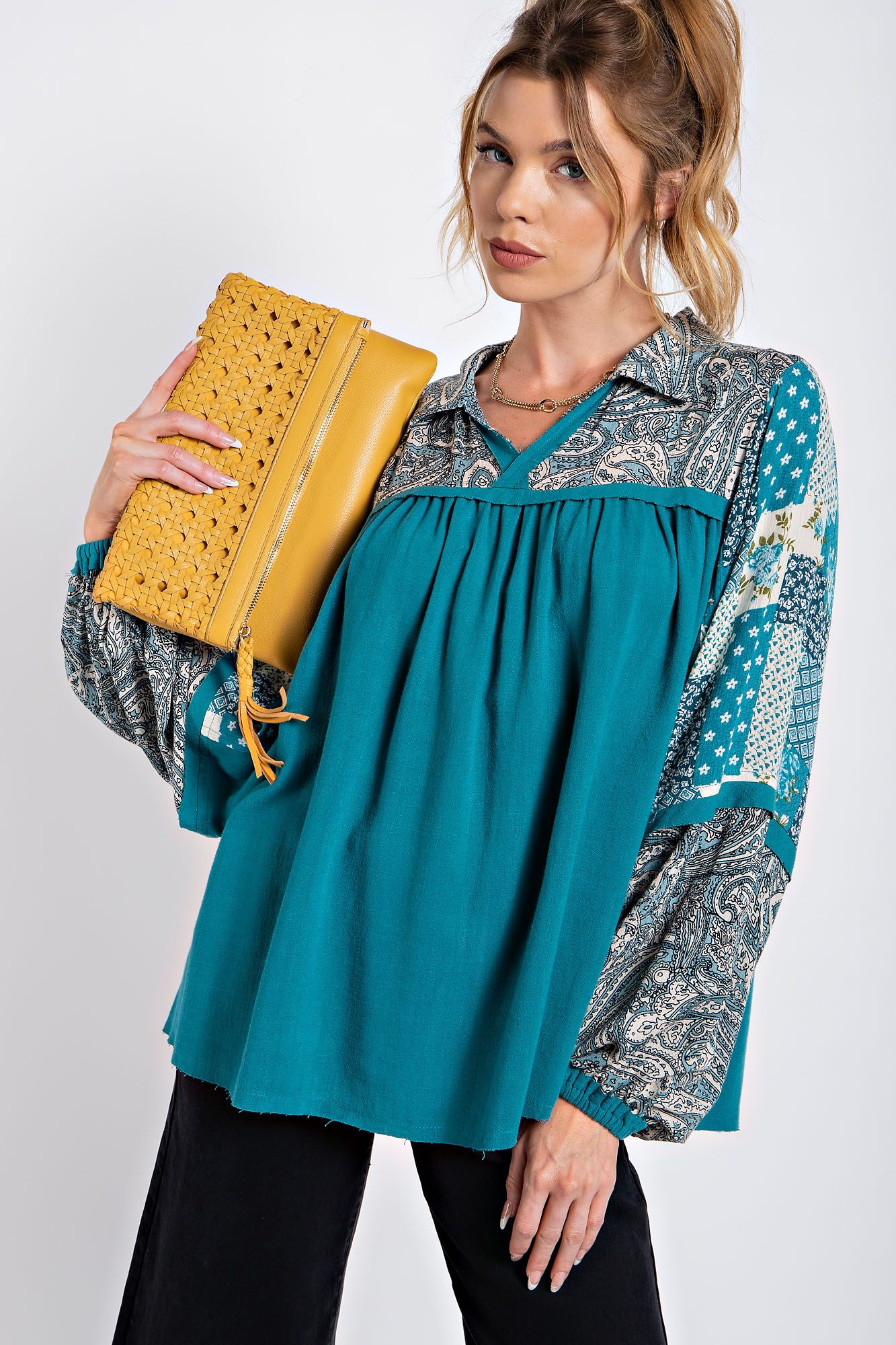 Easel Plus Boho Paisley Print Mixed Relaxed Tops