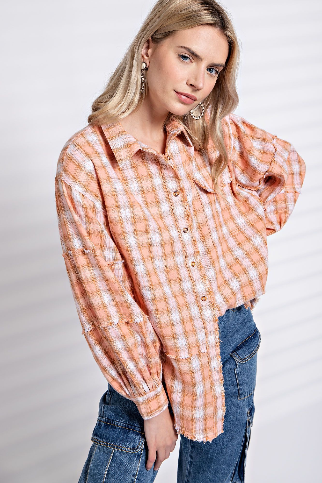 Easel Plus Plaid Printed Button Down Shirt Tops