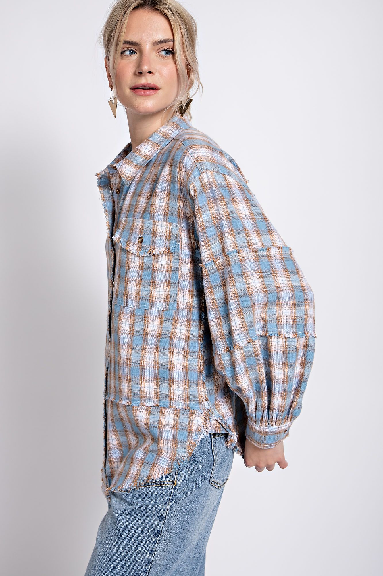Easel Plus Plaid Printed Button Down Shirt Tops