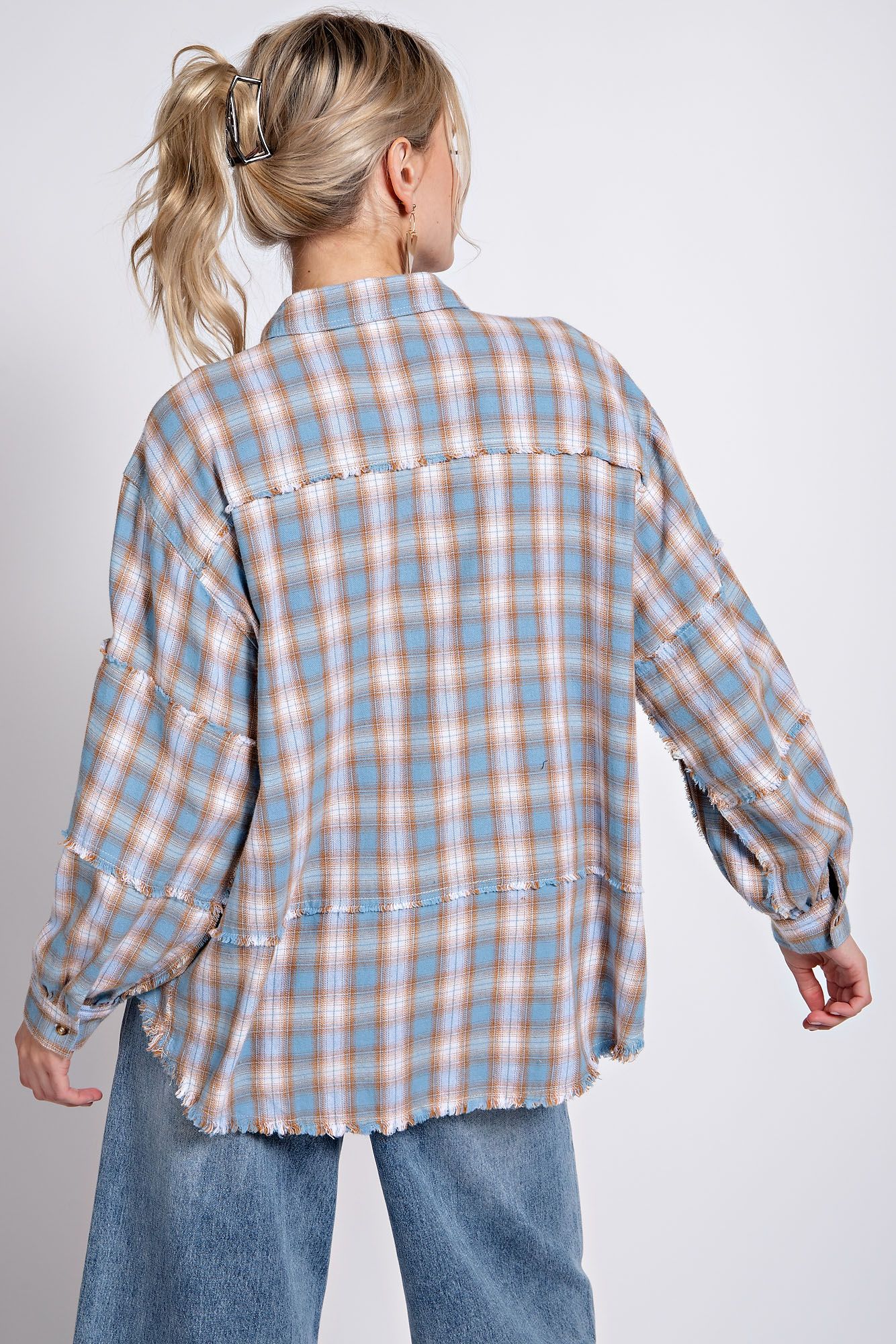 Easel Plus Plaid Printed Button Down Shirt Tops