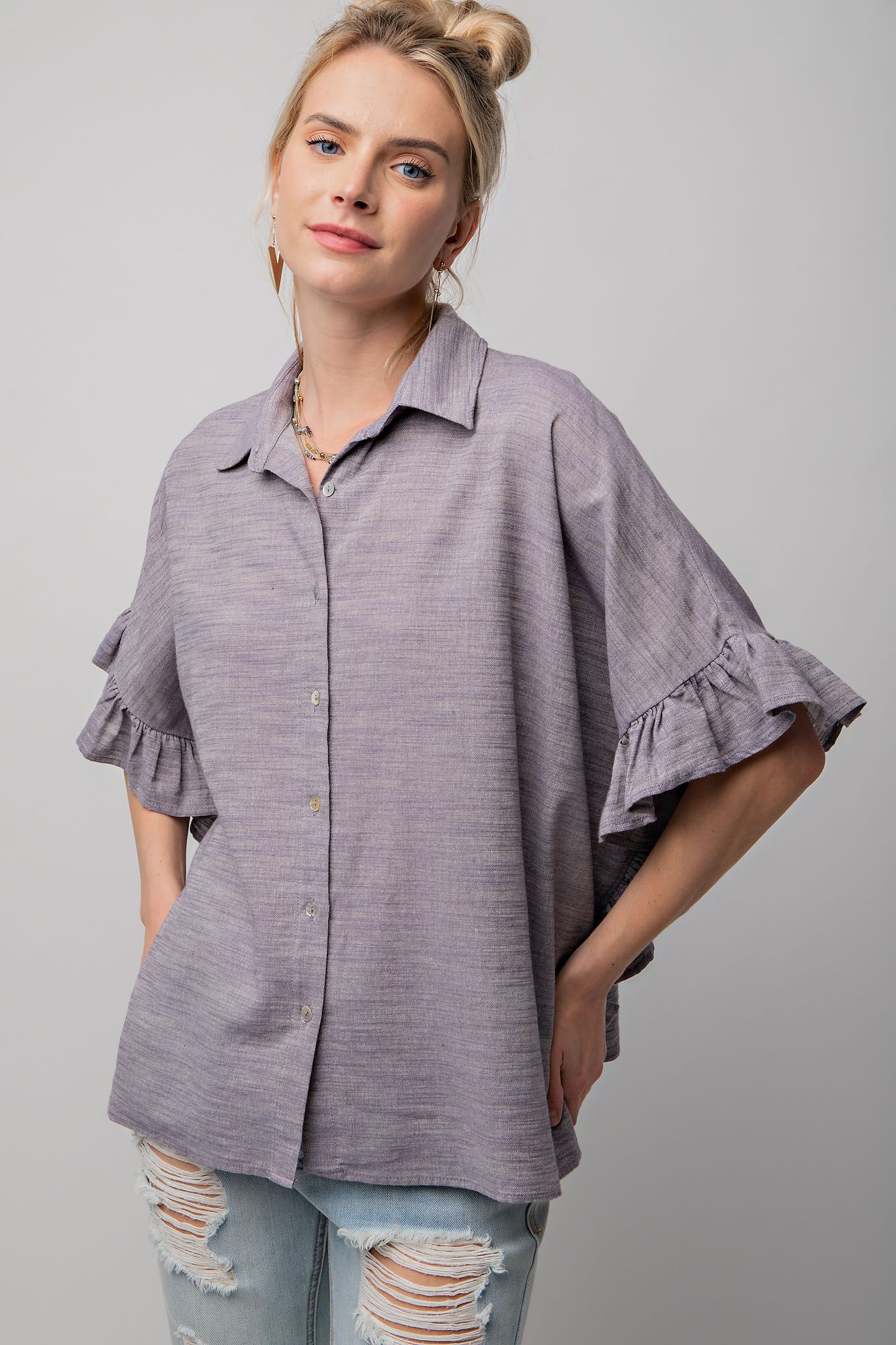 Easel Plus Melange Cotton Linen Oversized Tops