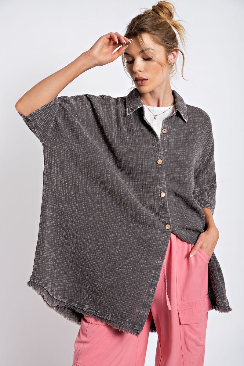 Easel Plus Washed Cotton Gauze Oversized Shirt Tops