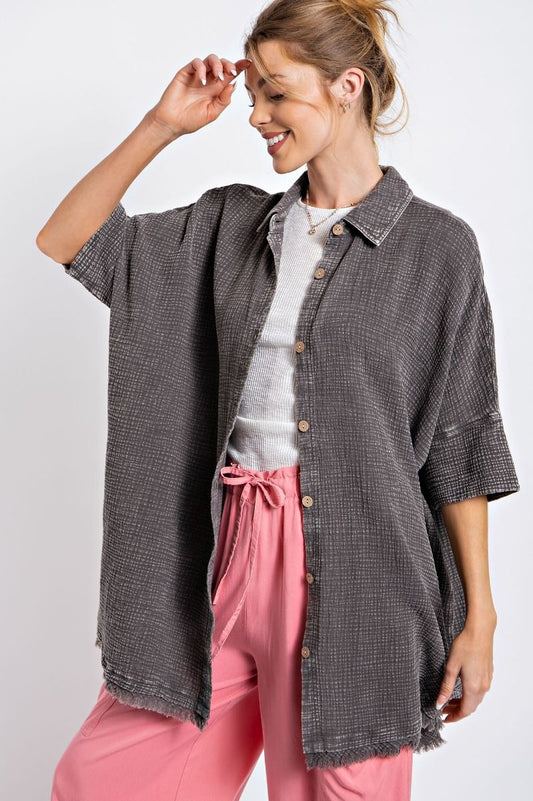 Easel Plus Washed Cotton Gauze Oversized Shirt Tops