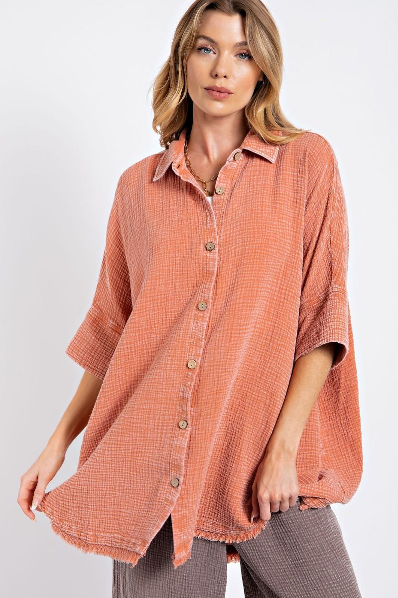 Easel Plus Washed Cotton Gauze Oversized Shirt Tops