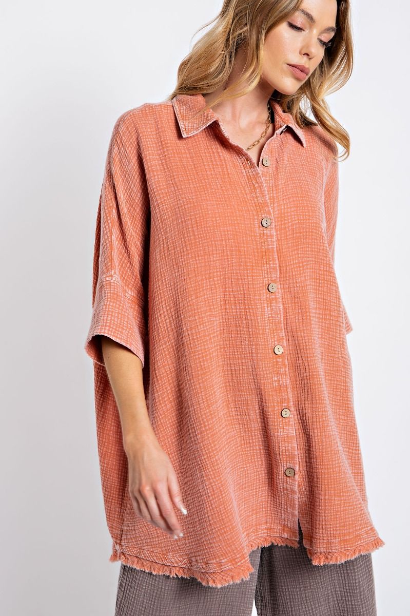 Easel Plus Washed Cotton Gauze Oversized Shirt Tops