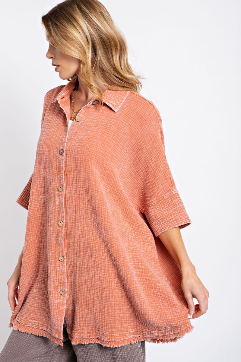 Easel Plus Washed Cotton Gauze Oversized Shirt Tops