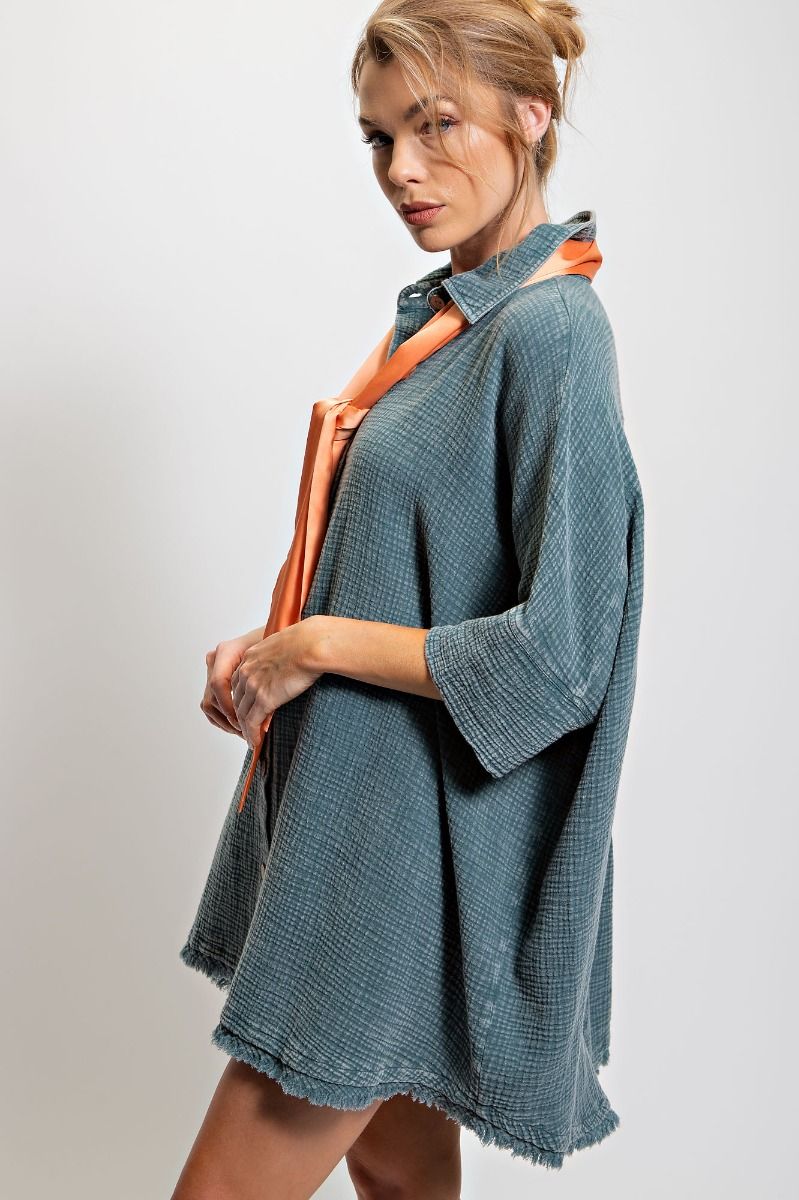 Easel Plus Washed Cotton Gauze Oversized Shirt Tops