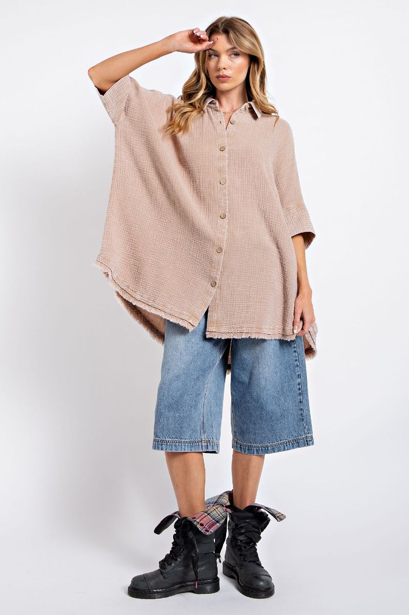 Easel Plus Washed Cotton Gauze Oversized Shirt Tops