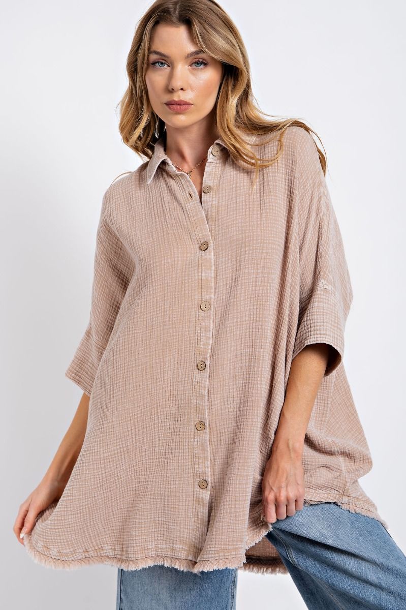Easel Plus Washed Cotton Gauze Oversized Shirt Tops