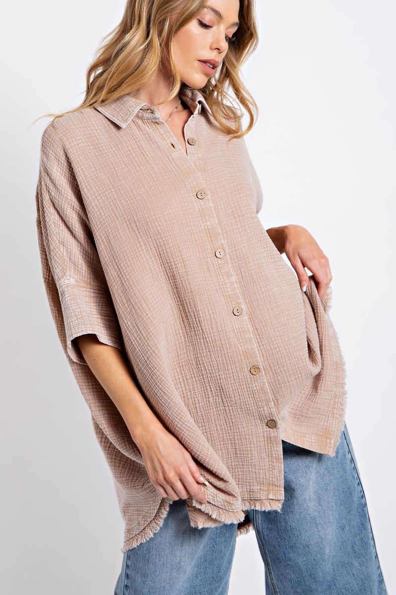 Easel Plus Washed Cotton Gauze Oversized Shirt Tops