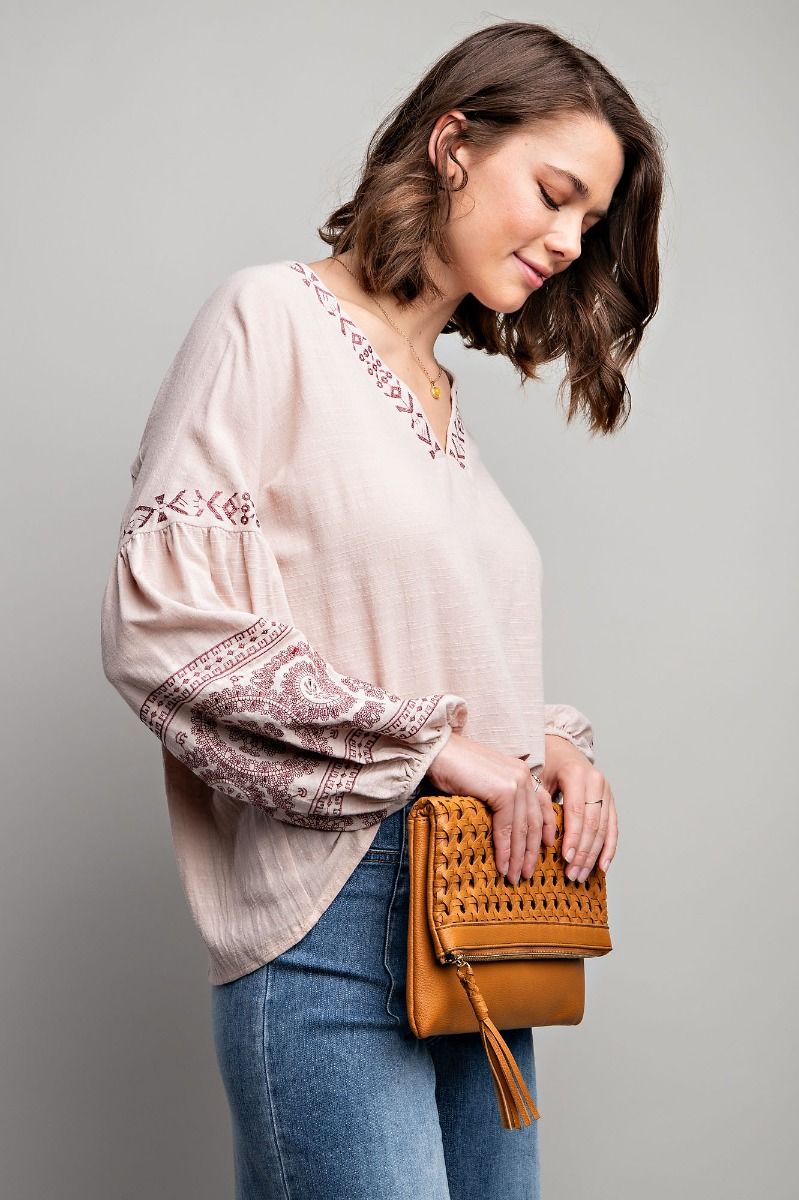 Easel Plus Linen Gauze Embroidered Tie Closure Woven Tops