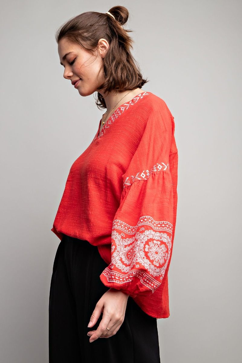 Easel Plus Linen Gauze Embroidered Tie Closure Woven Tops