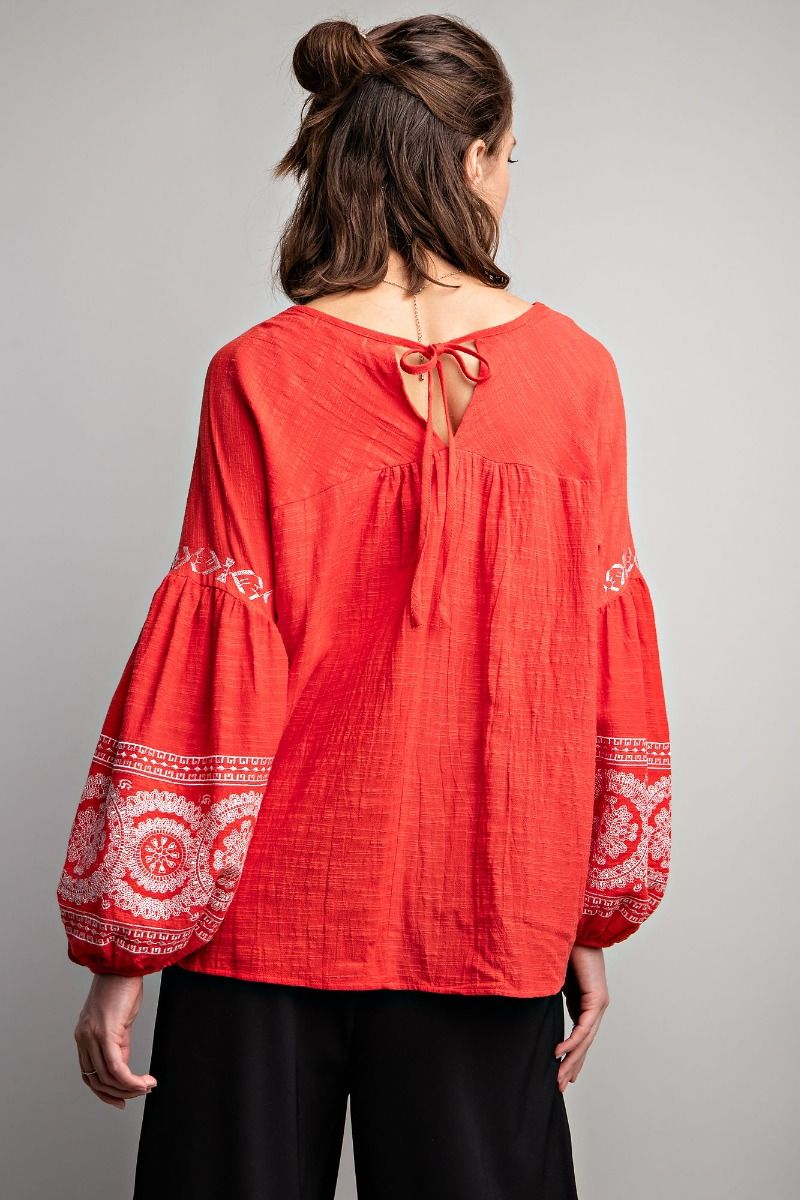 Easel Plus Linen Gauze Embroidered Tie Closure Woven Tops