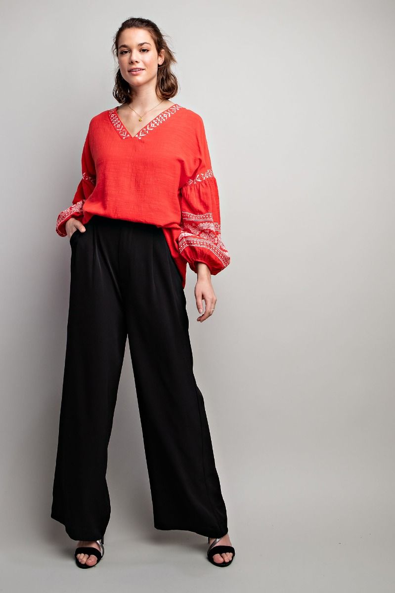 Easel Plus Linen Gauze Embroidered Tie Closure Woven Tops