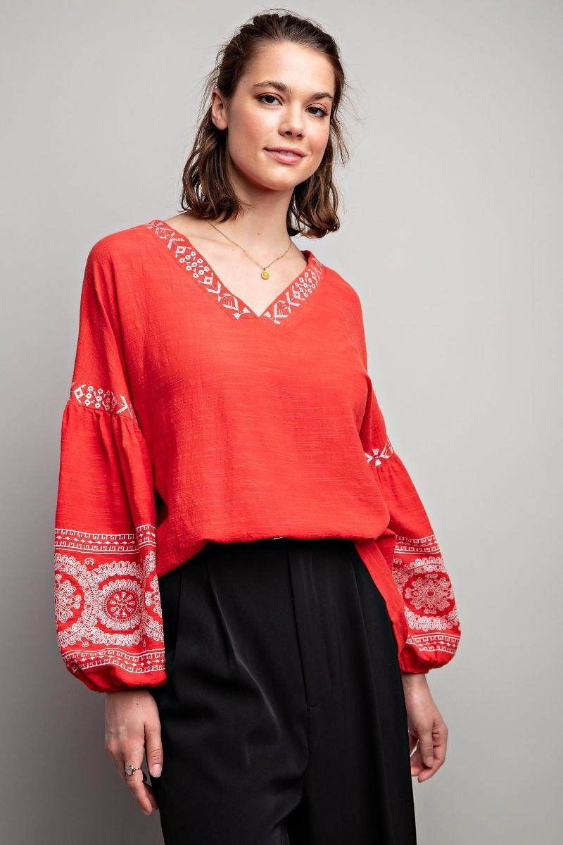 Easel Plus Linen Gauze Embroidered Tie Closure Woven Tops