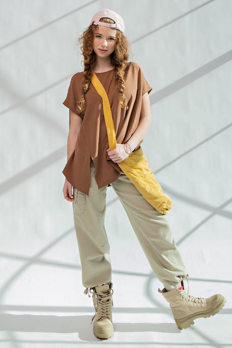 Easel Plus Diagonal Seam Woven Loose Boxy Fit Keyhole Tops