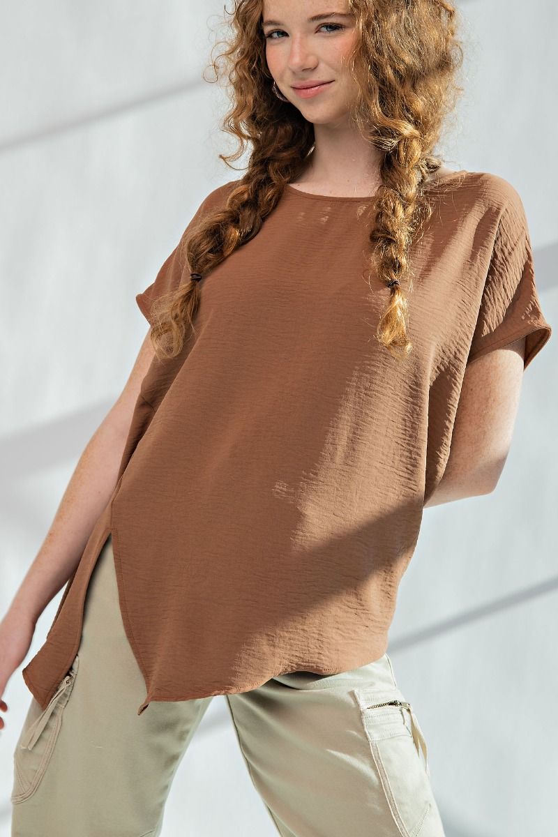 Easel Plus Diagonal Seam Woven Loose Boxy Fit Keyhole Tops